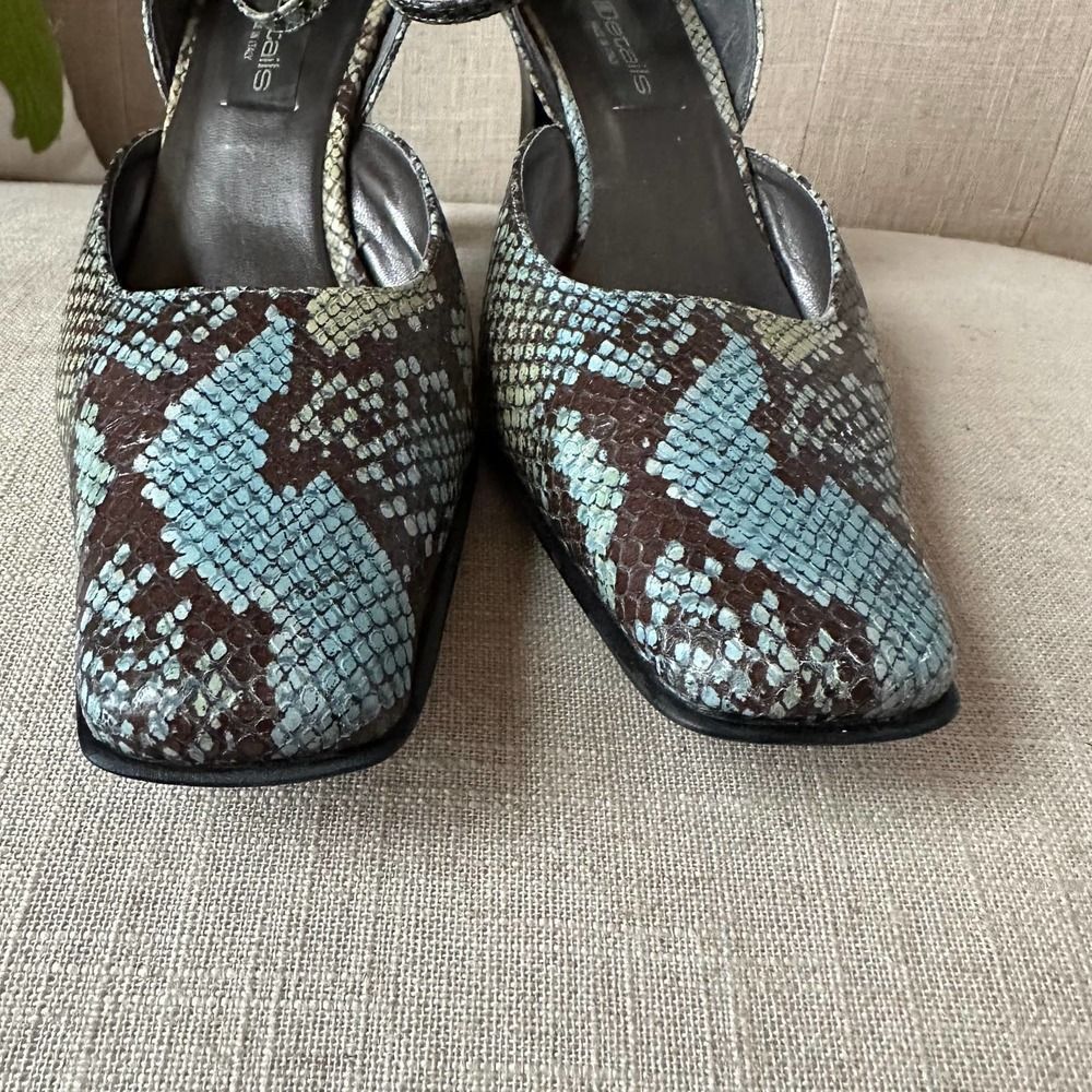 Snake-Print Ankle-Strap Heels in Teal and Brown - Picture 5 of 8